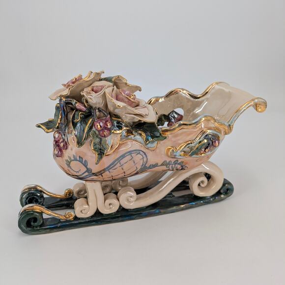 Blue Sky Heather Goldminc Rose Sleigh Candle Holder Floral Holiday Centerpiece - Picture 1 of 11